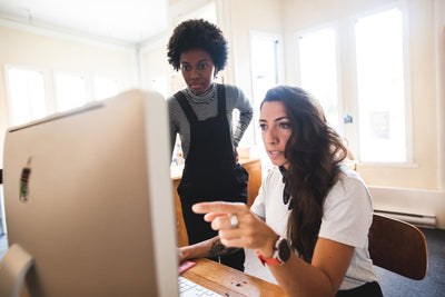 Two women work together at a desk, focused on a computer screen. One is seated and pointing at the monitor while the other stands beside her, watching attentively. Sunlight streams through large windows in the background.
