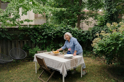 Setting up the table for an outdoor lunch